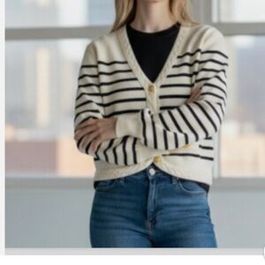 Women's AQUA 100% Cashmere Braid Trim Striped Cardigan Small